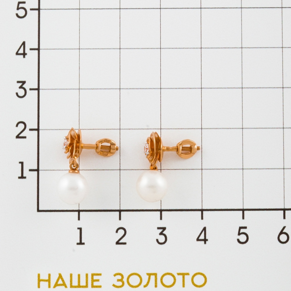 Золотые серьги гвоздики Золотов из красного золота 585 пробы  со вставками (жемчуг и фианит) 2Т2925823Р