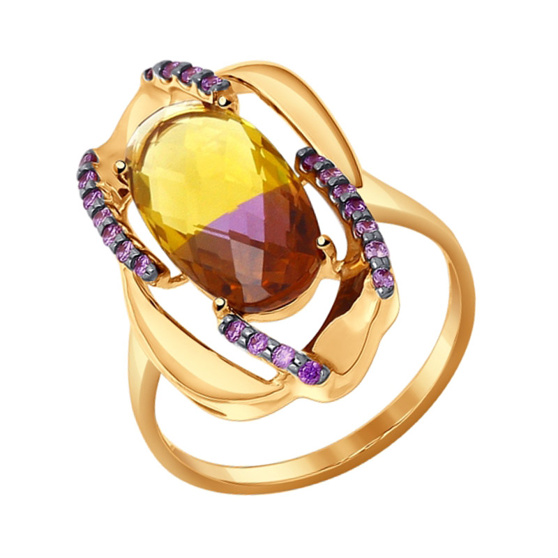 Золотое кольцо Sokolov из красного золота 585 пробы со вставками из полудрагоценных камней (аметрин, фианит и ситалл) ДИ714358, размеры от 17.5 до 20