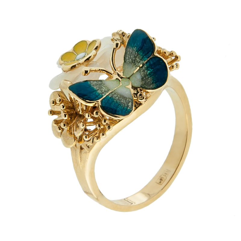 Золотое кольцо с бриллиантом, сердоликами и эмалью