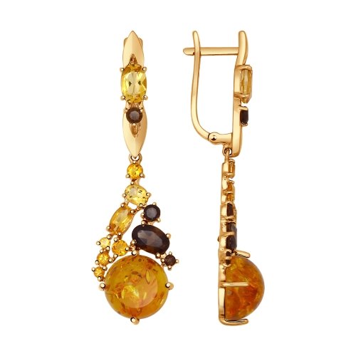 Золотые серьги подвесные Sokolov из красного золота 585 пробы со вставками из полудрагоценных камней (топаз, цитрин и янтарь) ДИ724471