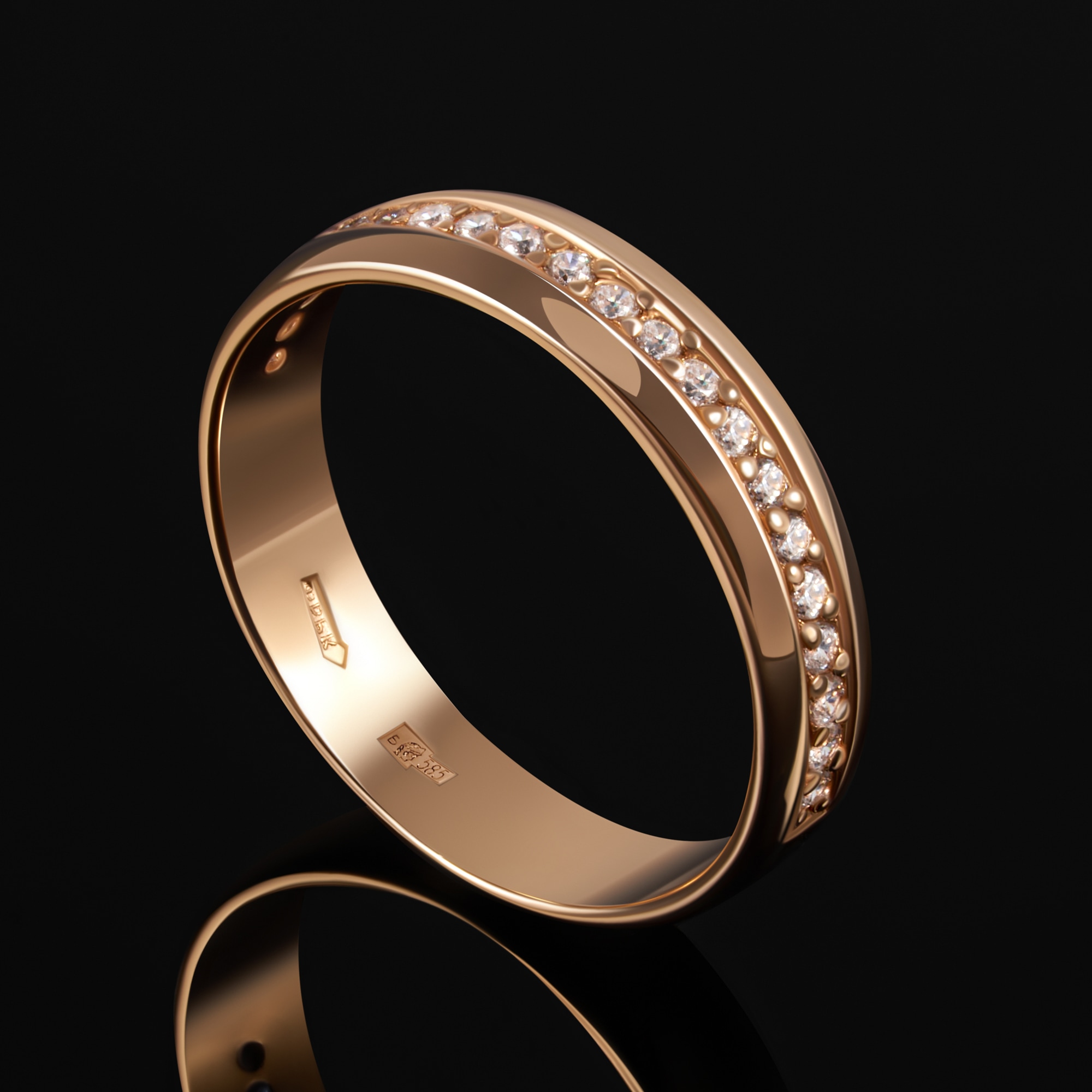Золотое кольцо обручальное Берег из красного золота 585 пробы  со вставками (фианит) 2БК35К-01-1284, размеры от 15 до 21