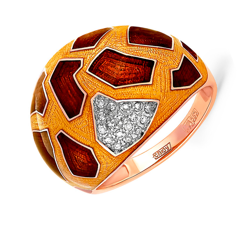 Золотое кольцо Kabarovsky из красного золота 585 пробы со вставками из драгоценных камней (бриллиант и эмаль) 9К11-0900, размеры от 17.5 до 17.5