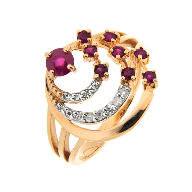 Золотое кольцо Русгемс из красного золота 585 пробы со вставками из драгоценных камней (бриллиант, сапфир, изумруд и рубин) 1Р2511112, размеры от 17 до 18.5