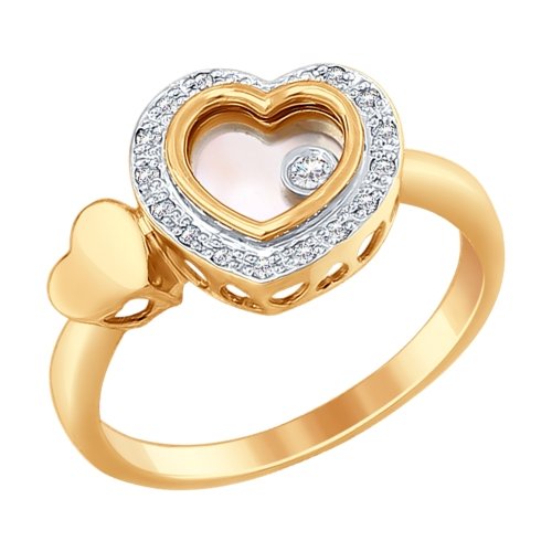 Золотое кольцо с бриллиантами, ювелирным стеклом и перламутром