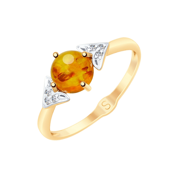 Золотое кольцо Sokolov из красного золота 585 пробы со вставками из полудрагоценных камней (янтарь и фианит) ДИ715176, размеры от 16.5 до 17.5