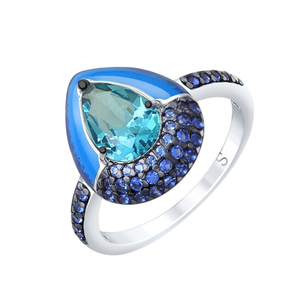 Серебряное кольцо с ситалом, фианитами и эмалью