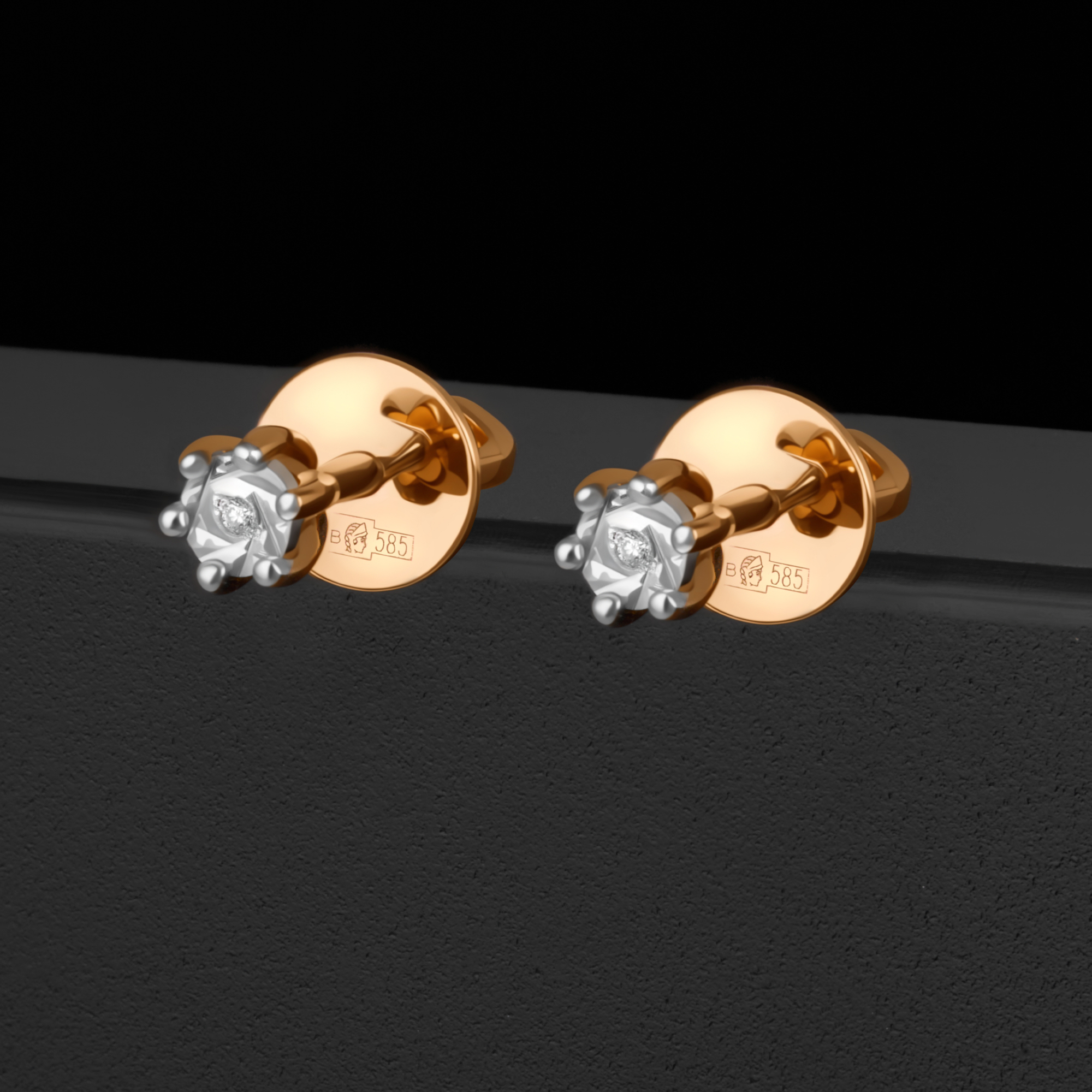 Золотые серьги гвоздики Клондайк из красного золота 585 пробы со вставками из драгоценных камней (бриллиант) ЛХ09-01370-02-001-02-01