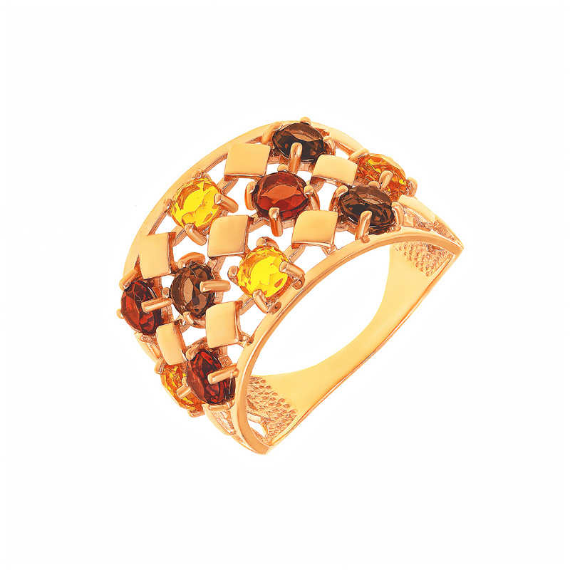 Золотое кольцо Дельта (delta) из красного золота 585 пробы со вставками из полудрагоценных камней ( и раухтопаз) ДП312429, размеры от 17 до 18.5