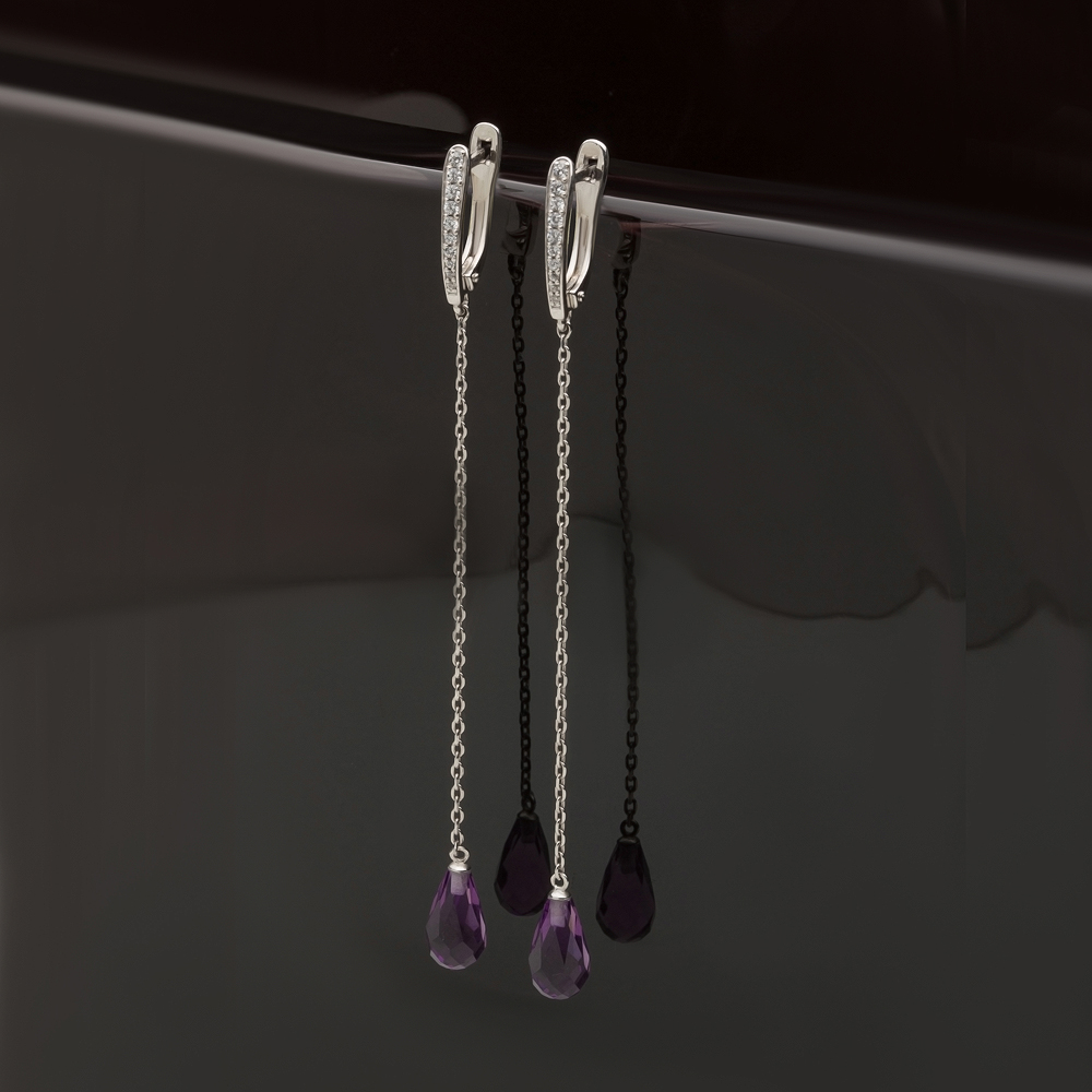 Серебряные серьги подвесные Efremof со вставками из полудрагоценных камней (аметист и фианит) ЮП1215014920ам