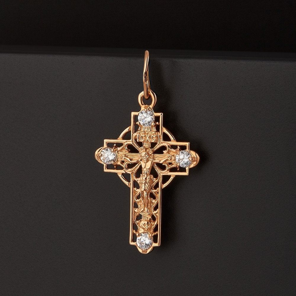 Золотой крест Вознесенский из красного золота 585 пробы  со вставками (фианит) 6В23-076