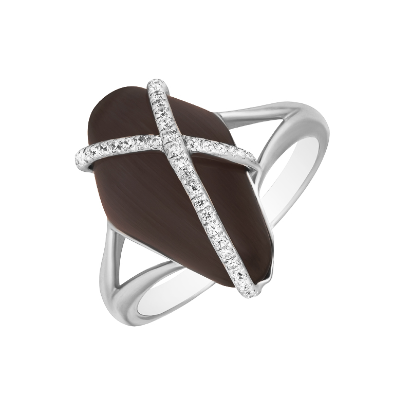 Серебряное кольцо с фианитами и камнем "кошачий глаз"