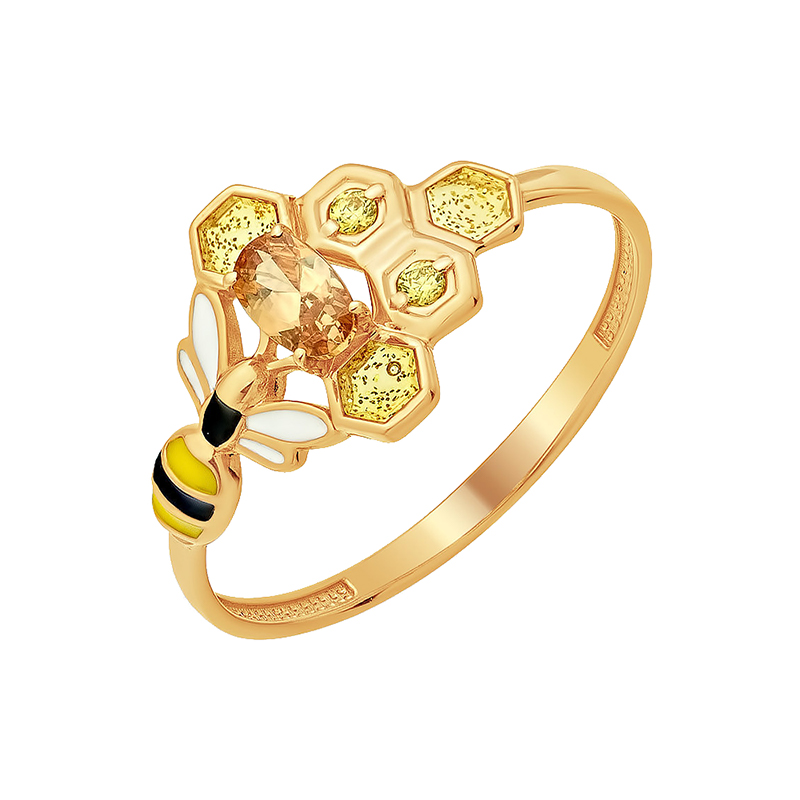 Кольцо из красного золота с эмалью и фианитами