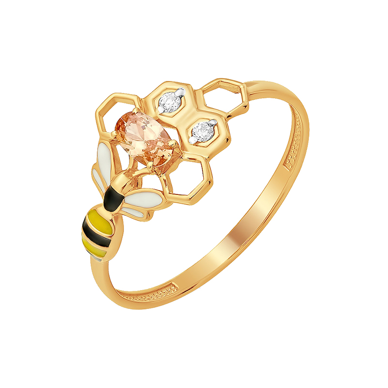 Кольцо из красного золота с эмалью и фианитами