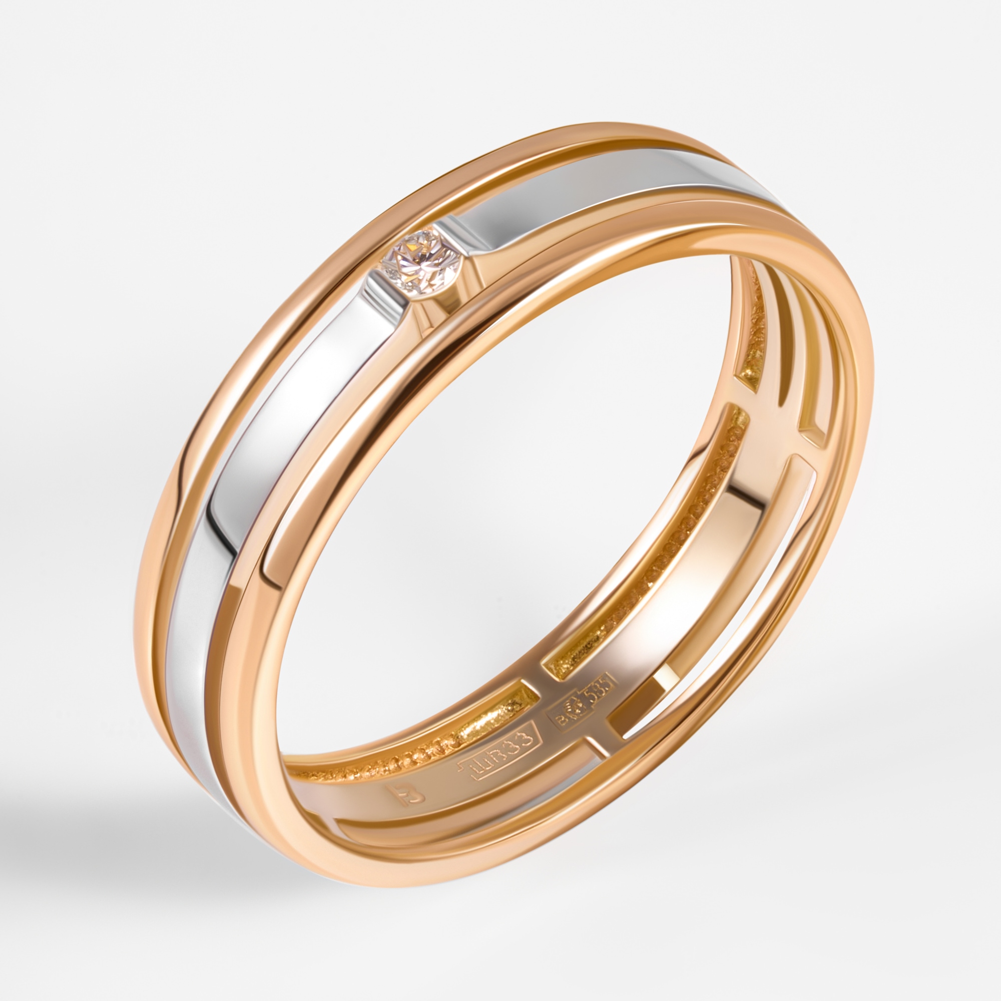 Золотое кольцо обручальное Клондайк из красного золота 585 пробы со вставками из драгоценных камней (бриллиант) ЛХ07-00075, размеры от 15.5 до 19