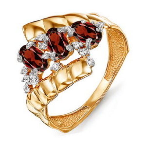 Золотое кольцо Дельта (delta) из красного золота 585 пробы со вставками из полудрагоценных камней (гранат и фианит) ДП311572, размеры от 17 до 19