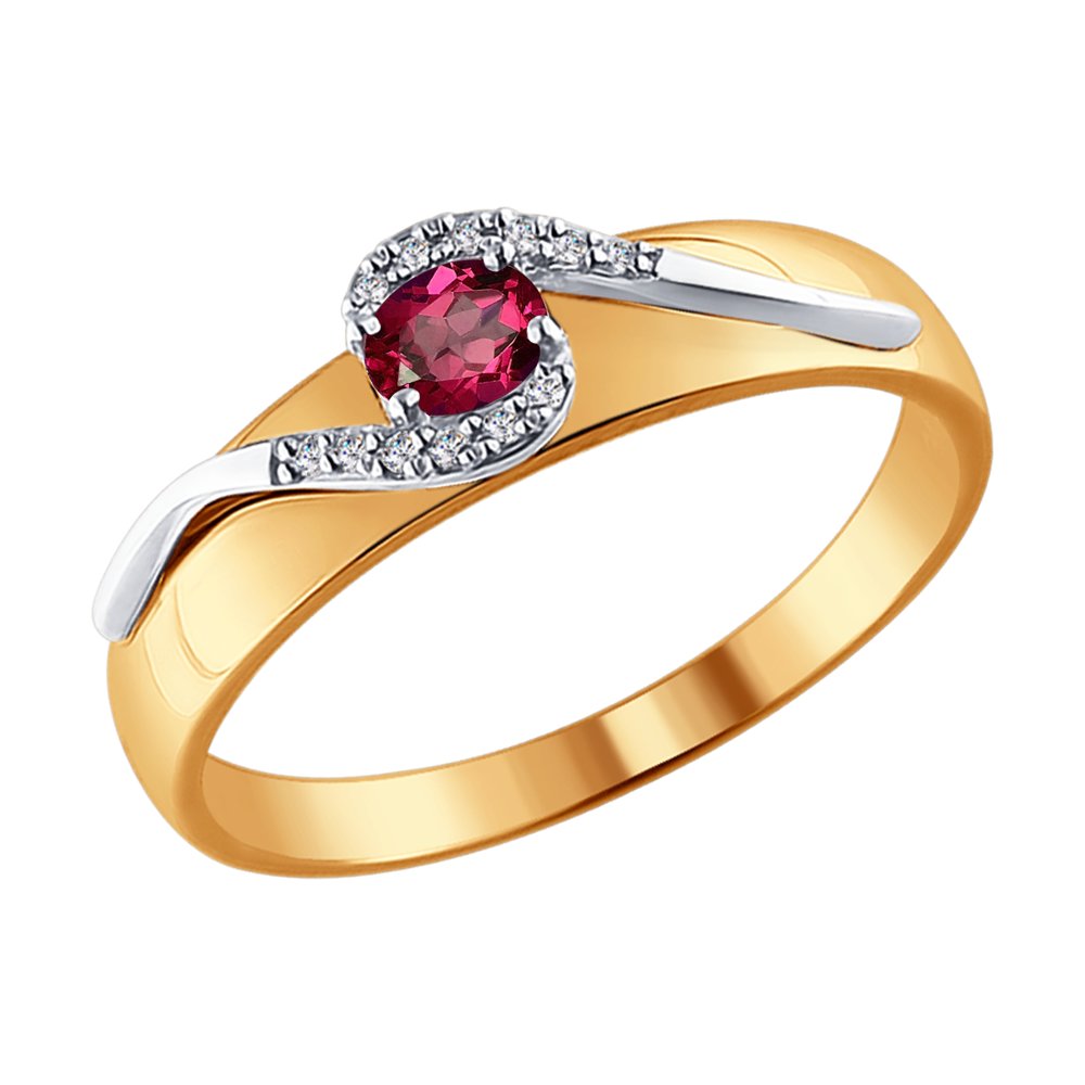 Золотое кольцо  из красного золота 585 пробы со вставками из драгоценных камней (бриллиант и рубин) ДИ4010600, размеры от 17.5 до 18.5