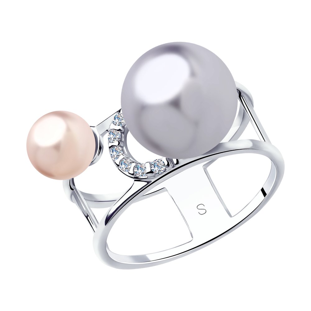 Серебряное кольцо с фианитами и жемчугом Swarovski 