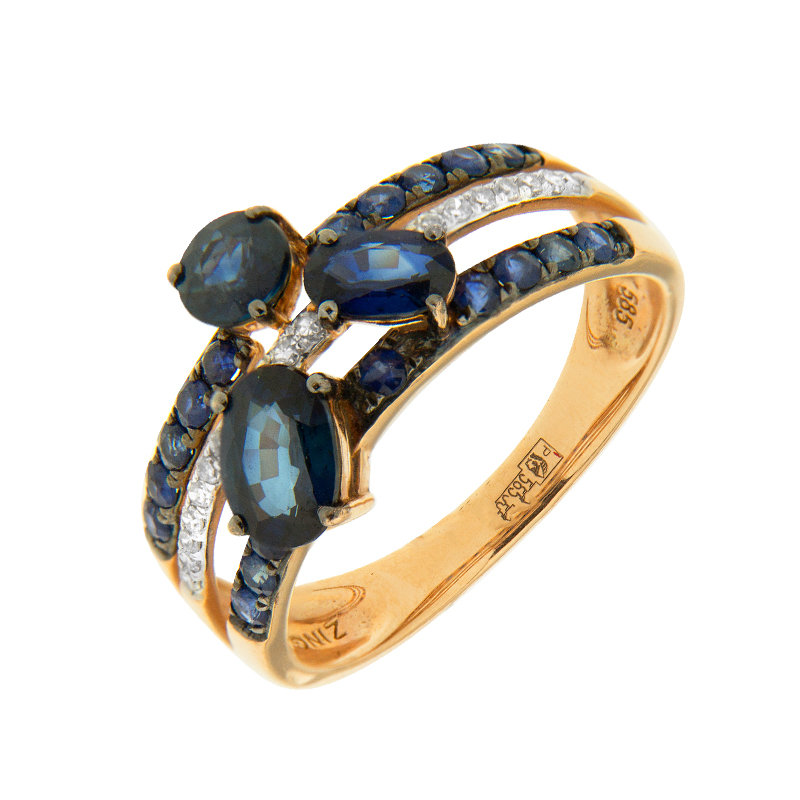 Золотое кольцо Ла ви из красного золота 585 пробы со вставками из драгоценных камней (бриллиант и сапфир) ЛВВ075САА4РТЗ, размеры от 16.5 до 18