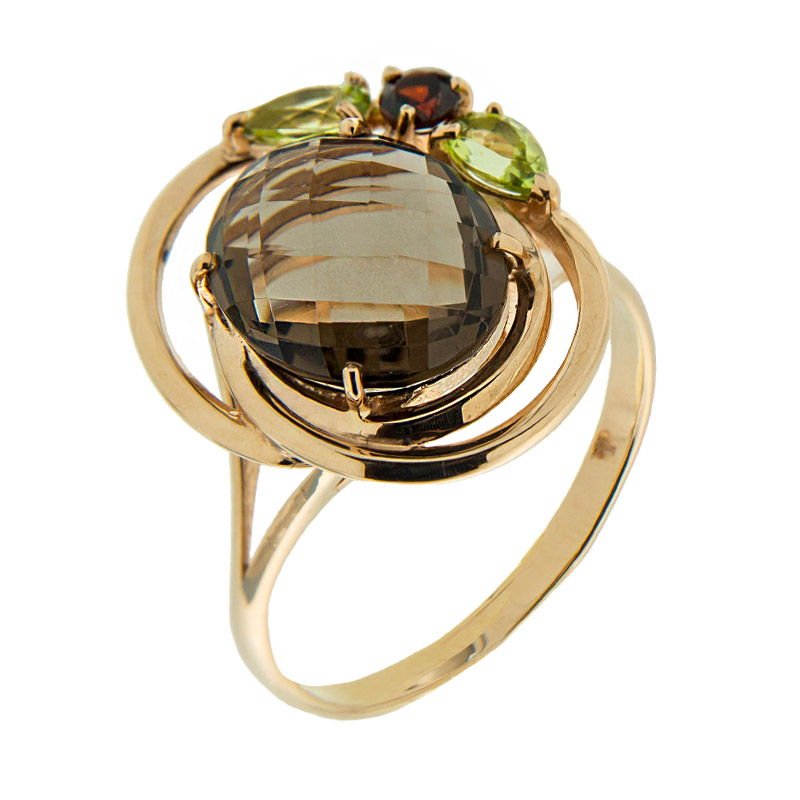 Золотое кольцо Голд стрим из красного золота 585 пробы со вставками из полудрагоценных камней (гранат, топаз и хризолит) ГС1350902, размеры от 19 до 19