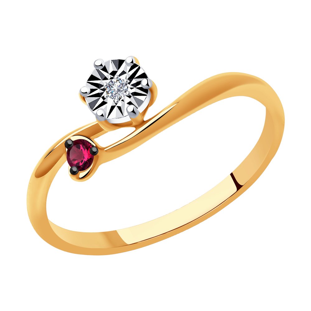 Золотое кольцо с бриллиантом и рубинами