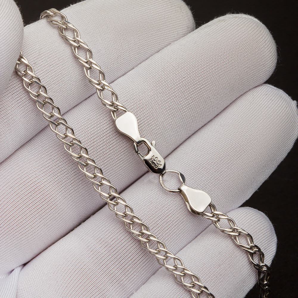 Серебряная цепочка Адамант из серебра с чернением и из серебра с родированием ромб двойной 060 АД1063060С, размеры от 40 до 65