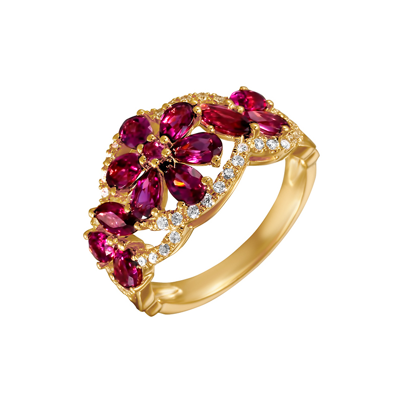 Золотое кольцо Jv из красного золота 585 пробы со вставками из драгоценных и полудрагоценных камней (бриллиант и родолит) ЮЕРГ-34482КОРХУГ, размеры от 18 до 18