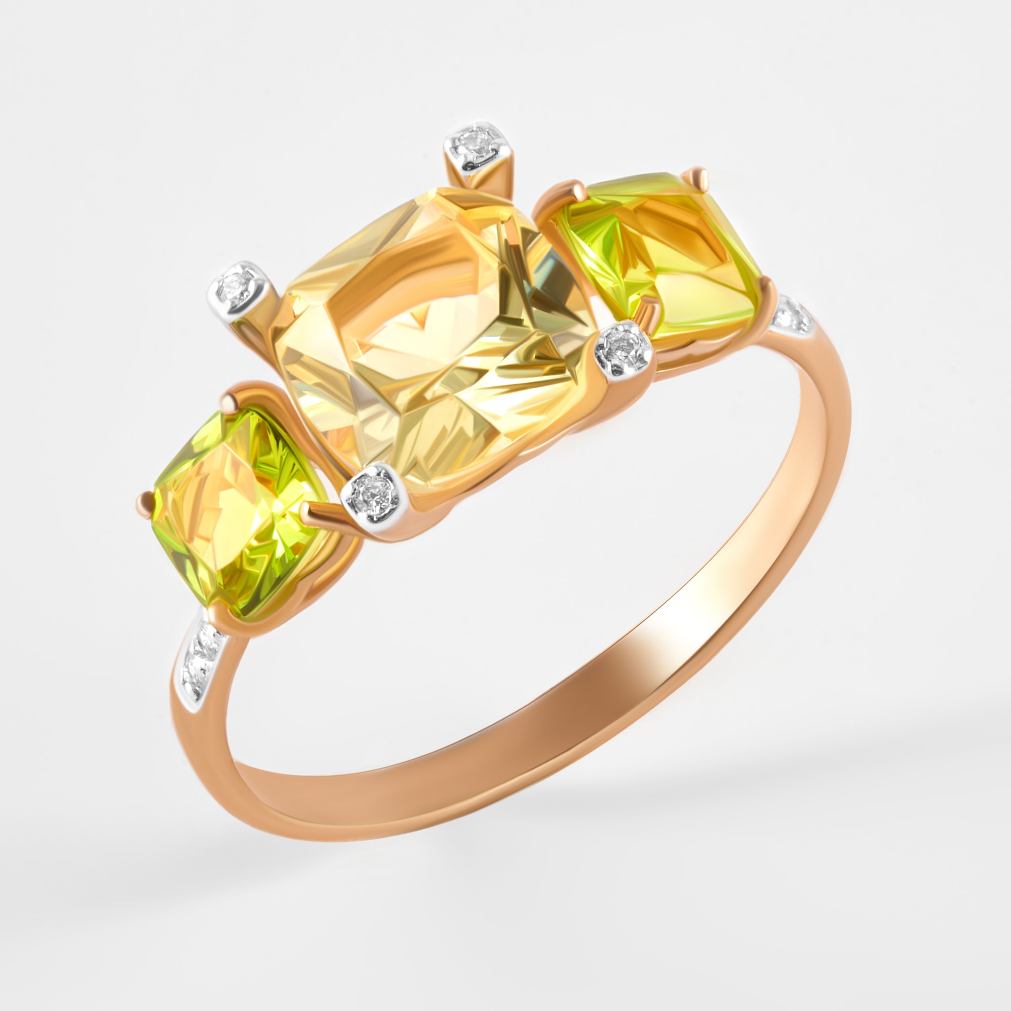 Золотое кольцо с ситаллами хризолитами, ситалом и фианитами