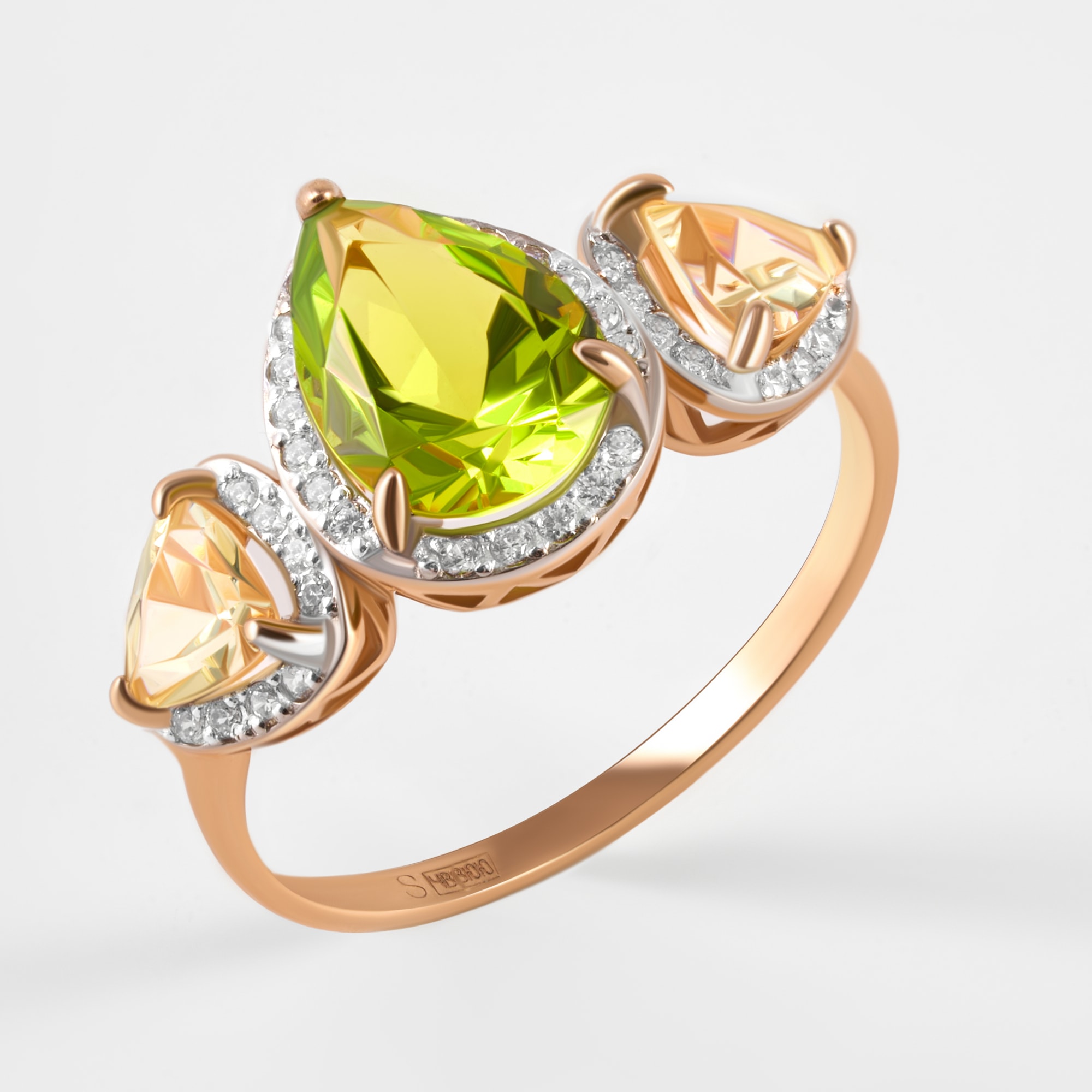 Золотое кольцо с ситаллом хризолитом, лимонным ситаллом и фианитами
