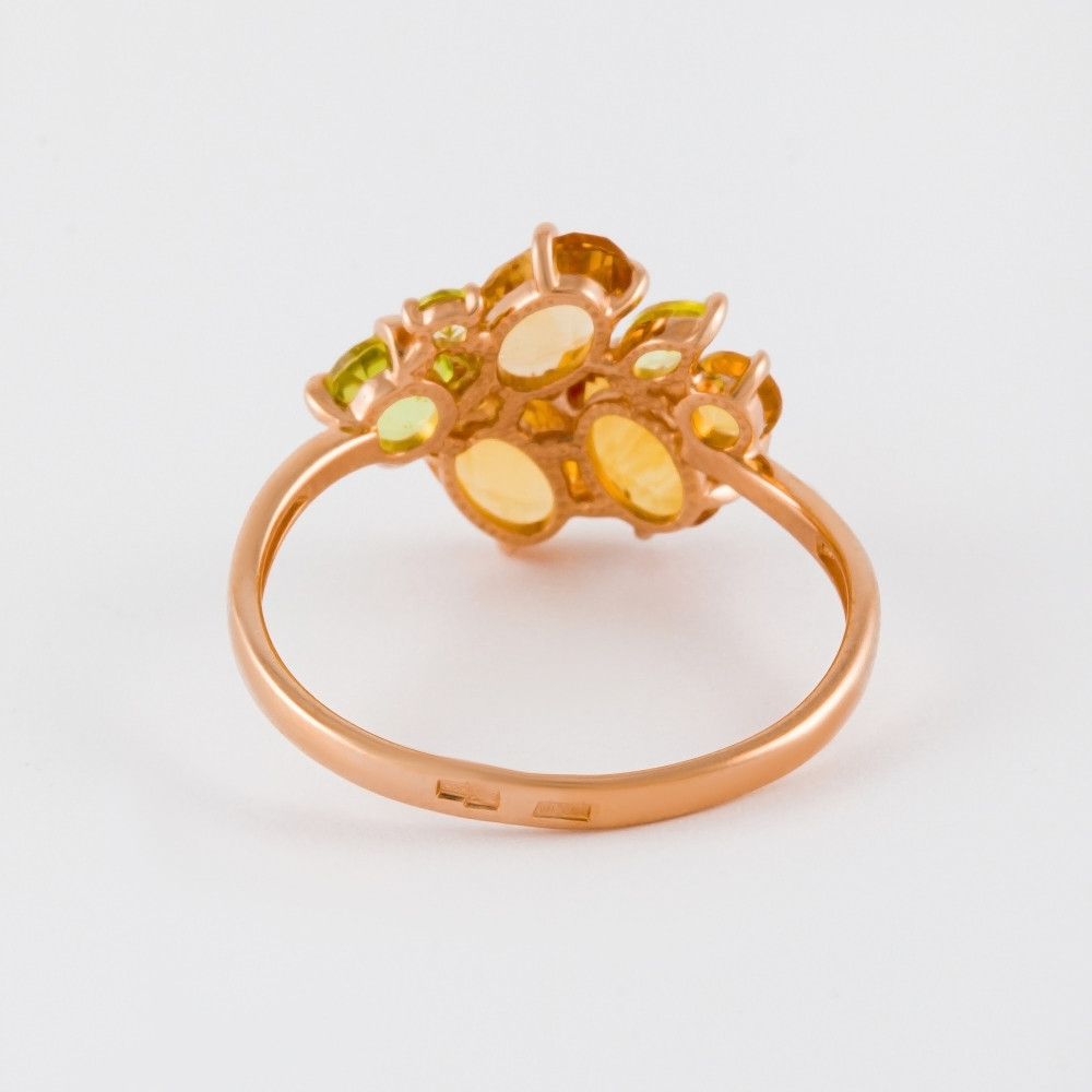 Золотое кольцо Efremof из красного золота 585 пробы со вставками из полудрагоценных камней (хризолит и цитрин) ЮПК1347732ХРЦТ, размеры от 16.5 до 19
