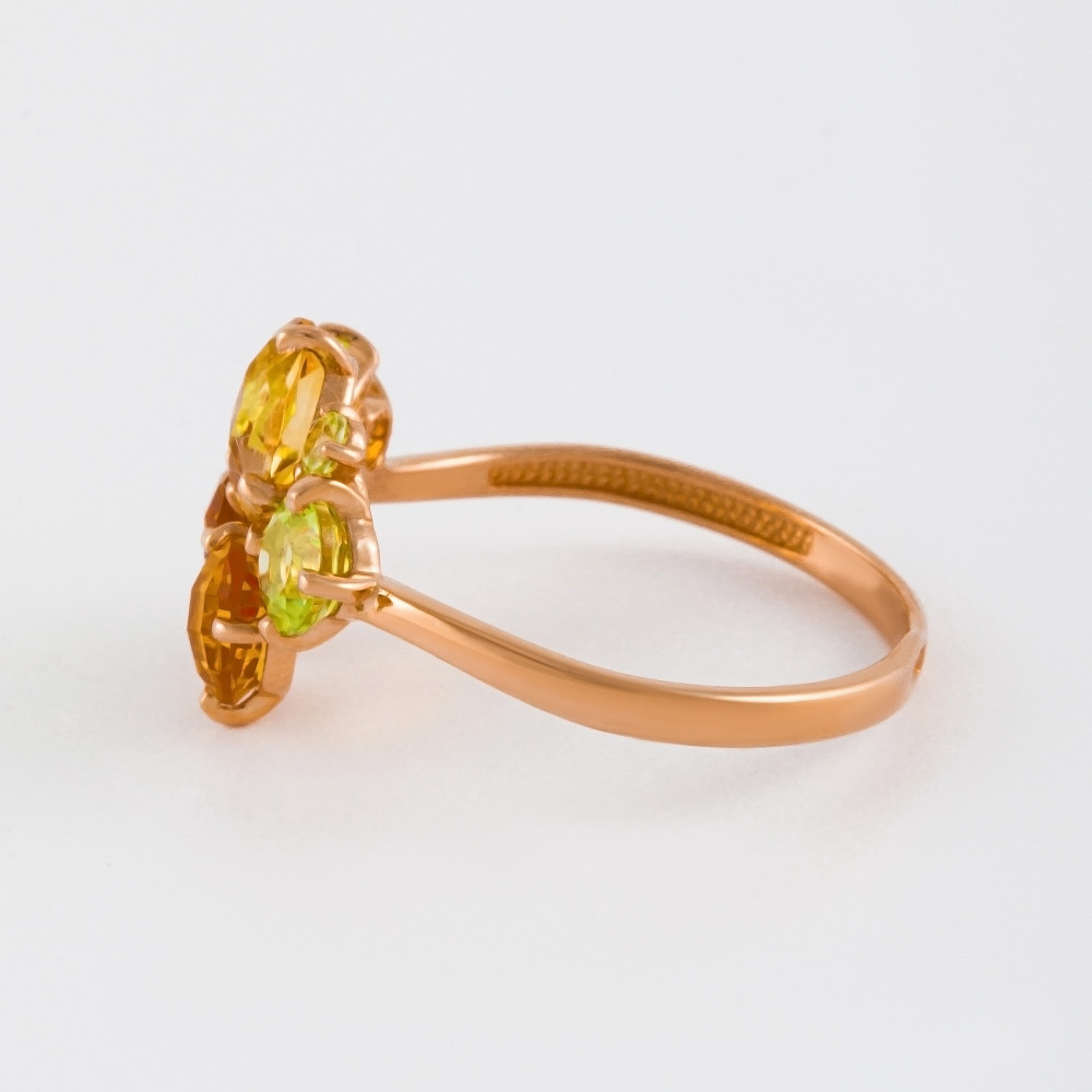 Золотое кольцо Efremof из красного золота 585 пробы со вставками из полудрагоценных камней (хризолит и цитрин) ЮПК1347732ХРЦТ, размеры от 16.5 до 19