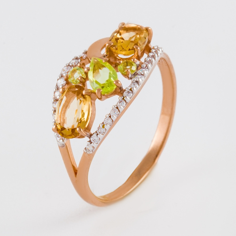 Золотое кольцо с фианитами, хризолитами и цитринами