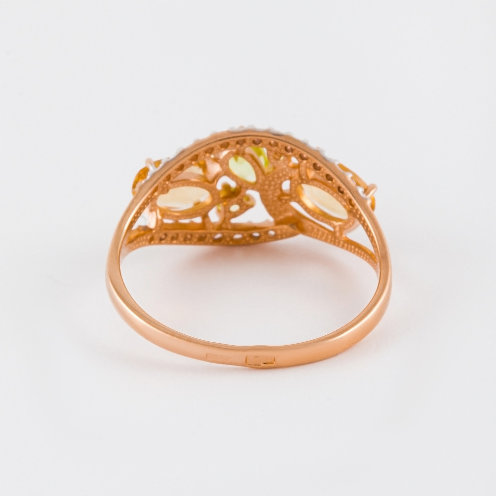 Золотое кольцо Efremof из красного золота 585 пробы со вставками из полудрагоценных камней (хризолит, цитрин и фианит) ЮПК1343343ХРЦТ, размеры от 16.5 до 19