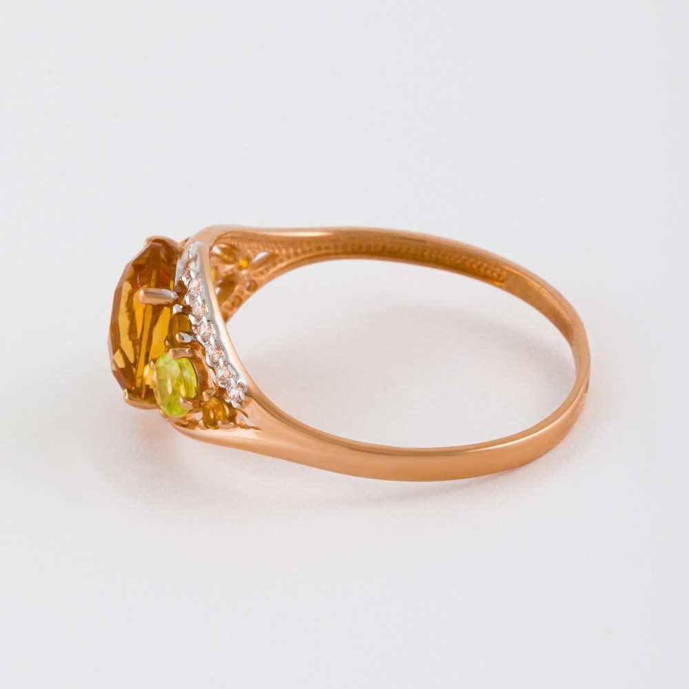 Золотое кольцо Efremof из красного золота 585 пробы со вставками из полудрагоценных камней (хризолит, цитрин и фианит) ЮПК1347737ХРЦТ, размеры от 16.5 до 19