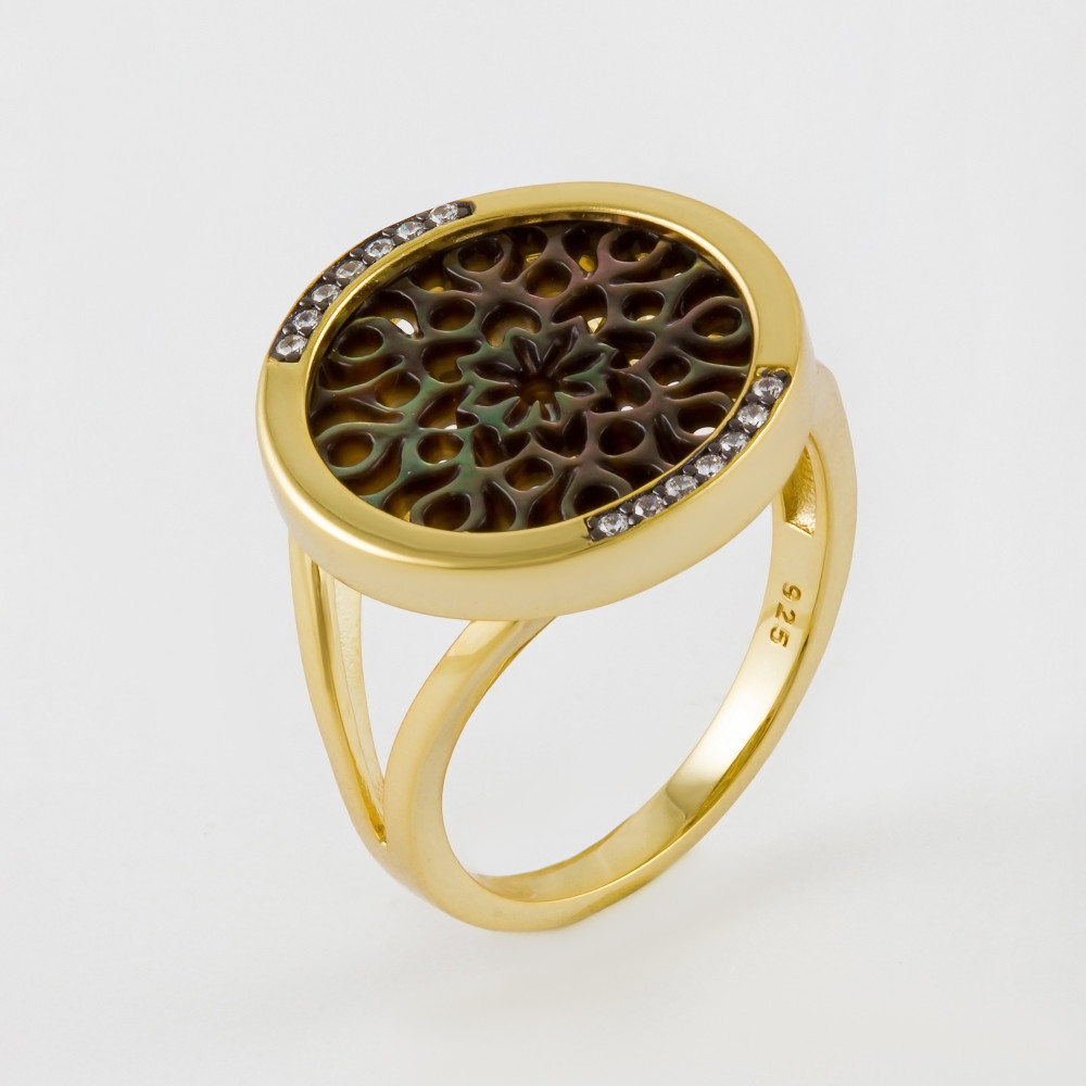 Серебряное кольцо с фианитами, перламутрами и эмалью