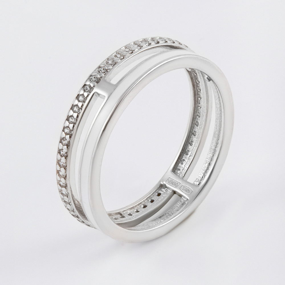 Серебряное кольцо с дорожкой фианитов по кругу и белой эмалью