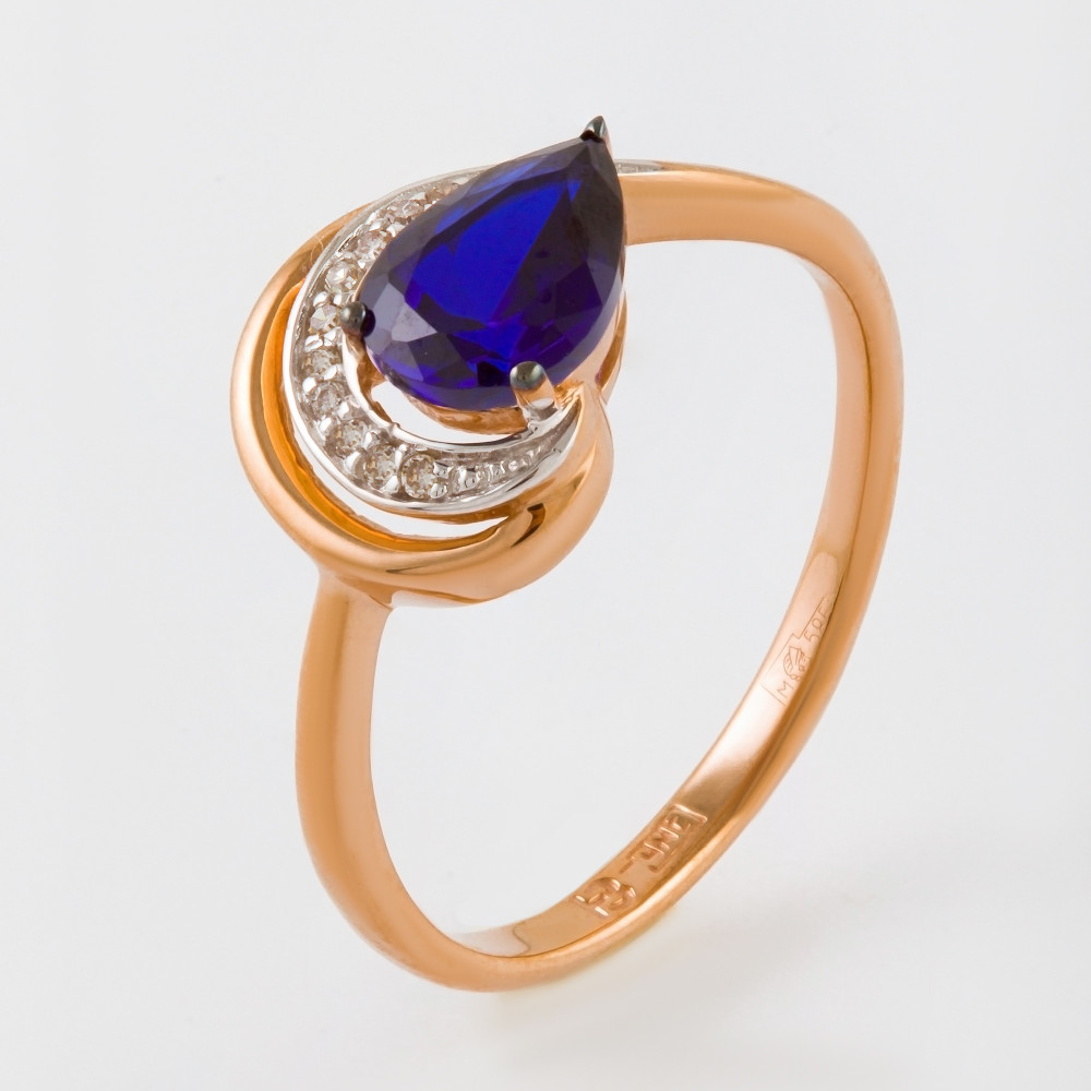 Золотое кольцо Саав из красного золота 585 пробы со вставками из драгоценных камней (бриллиант и сапфир гт) ХС050109524, размеры от 16 до 17.5