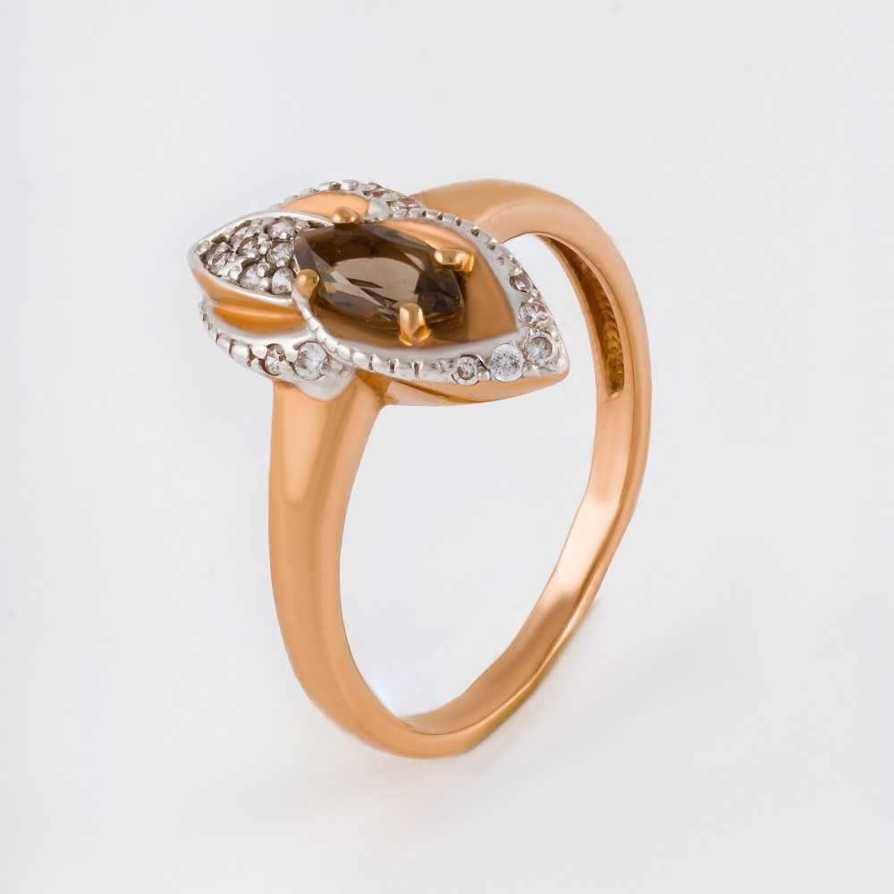 Золотое кольцо Ю-люкс из красного золота 585 пробы со вставками из полудрагоценных камней (фианит и раухтопаз) КСК13-0142рт, размеры от 16.5 до 19