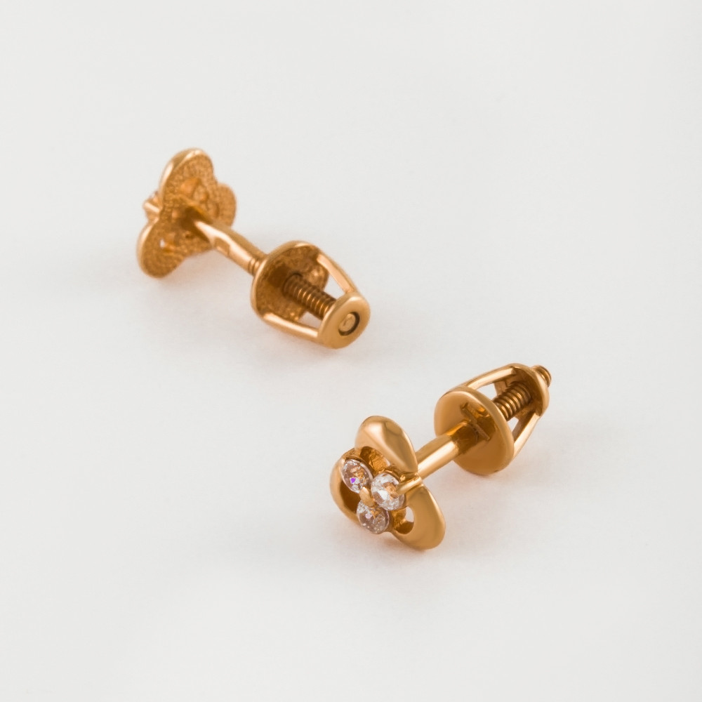 Золотые серьги гвоздики Берег из красного золота 585 пробы  со вставками (фианит) 2БСЗ5К.1-01-0319-01