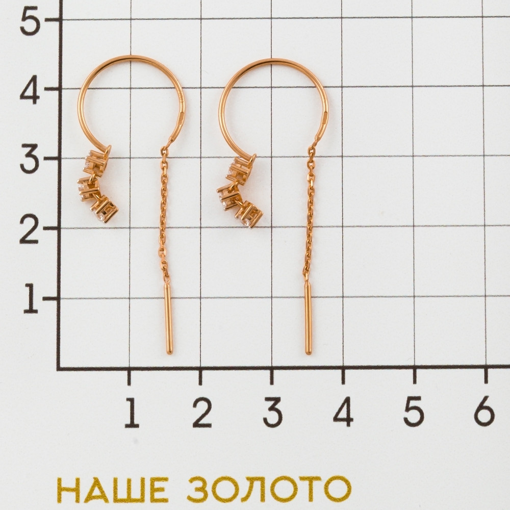 Золотые серьги протяжки Санис из красного золота 585 пробы  со вставками (фианит) СН01-216008