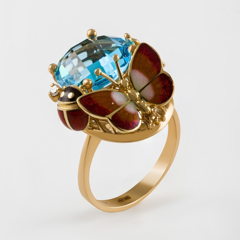 Золотое кольцо с бриллиантом, топазом и эмалью