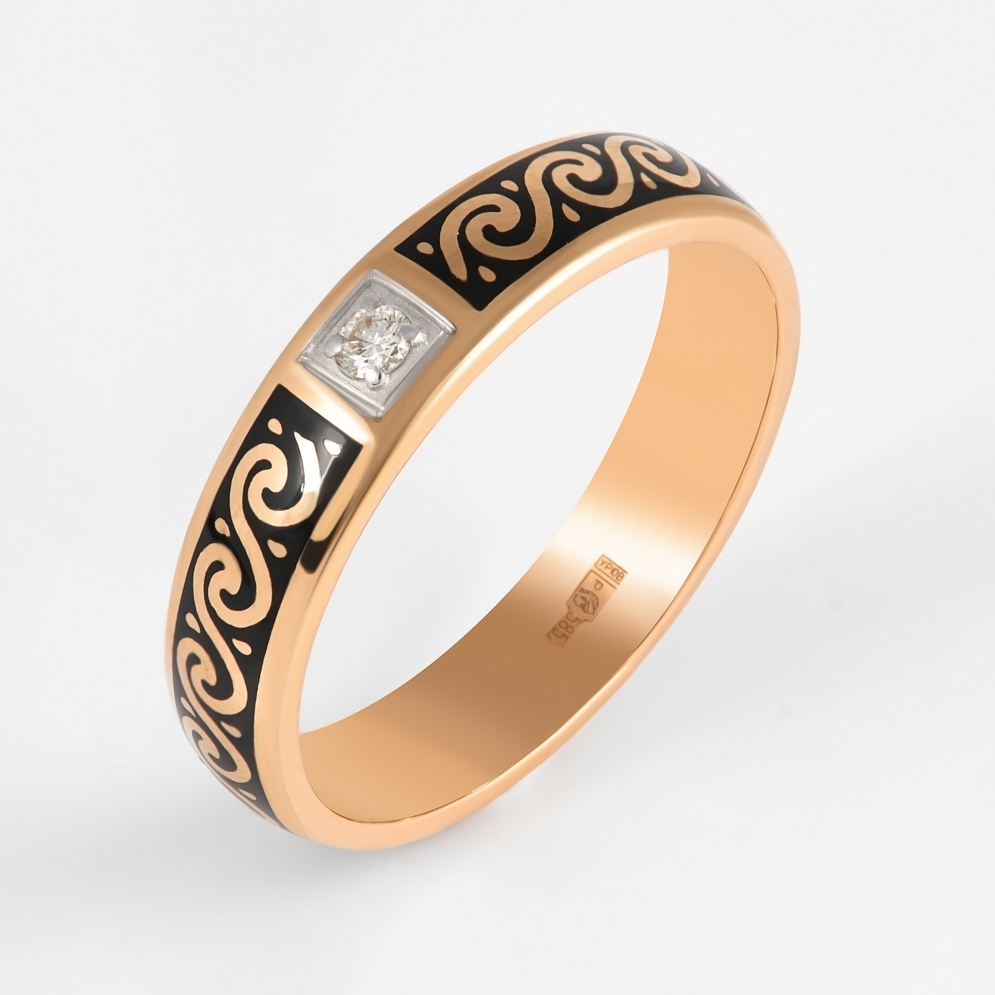 Золотое кольцо обручальное Сананжел из красного золота 585 пробы со вставками из драгоценных камней (бриллиант) С44СВЧ, размеры от 19 до 20.5