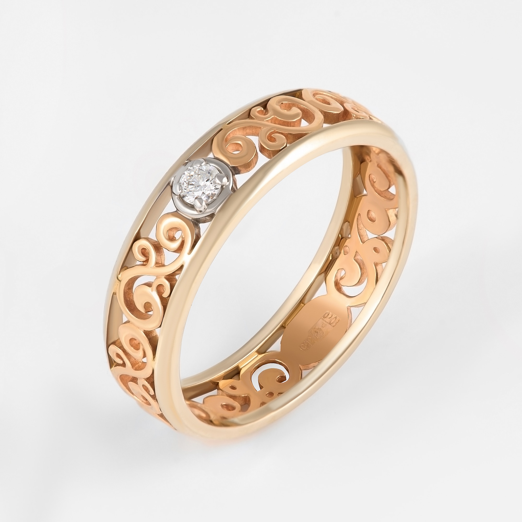 Золотое кольцо обручальное Сананжел из красного золота 585 пробы со вставками из драгоценных камней (бриллиант) С4АЖ1Ч, размеры от 18.5 до 19.5