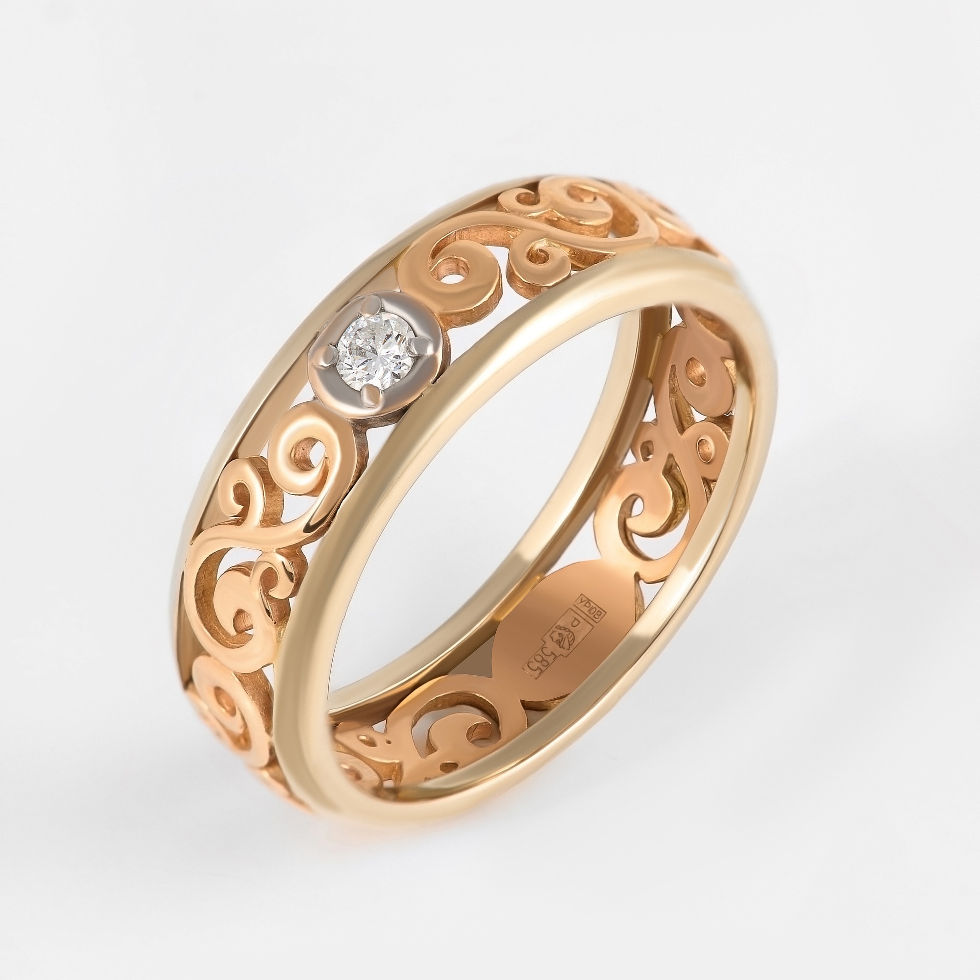 Золотое кольцо обручальное Сананжел из красного золота 585 пробы со вставками из драгоценных камней (бриллиант) С4АЖ1Б, размеры от 16 до 17.5