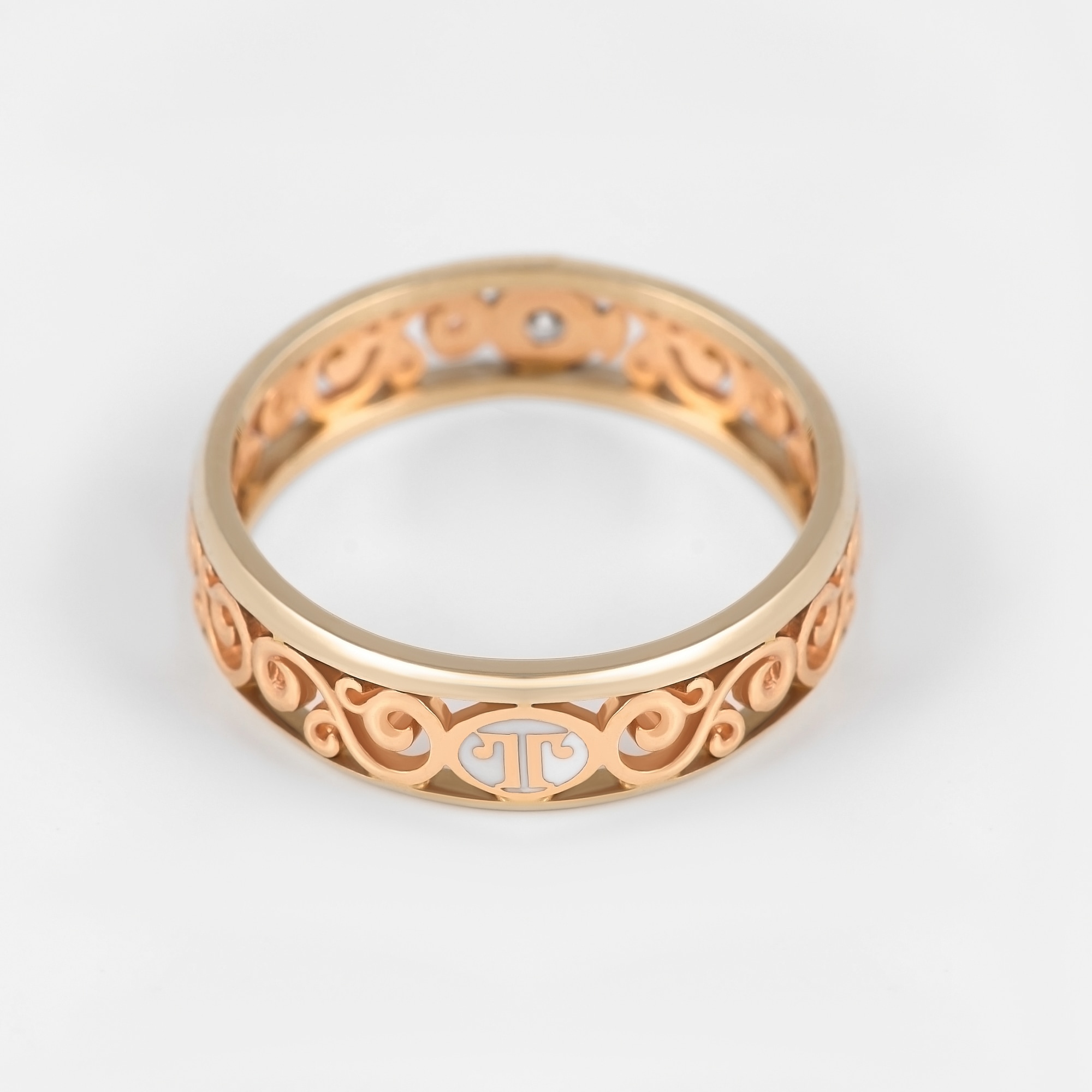 Золотое кольцо обручальное Сананжел из красного золота 585 пробы со вставками из драгоценных камней (бриллиант) С4АЖ1Б, размеры от 16 до 17.5