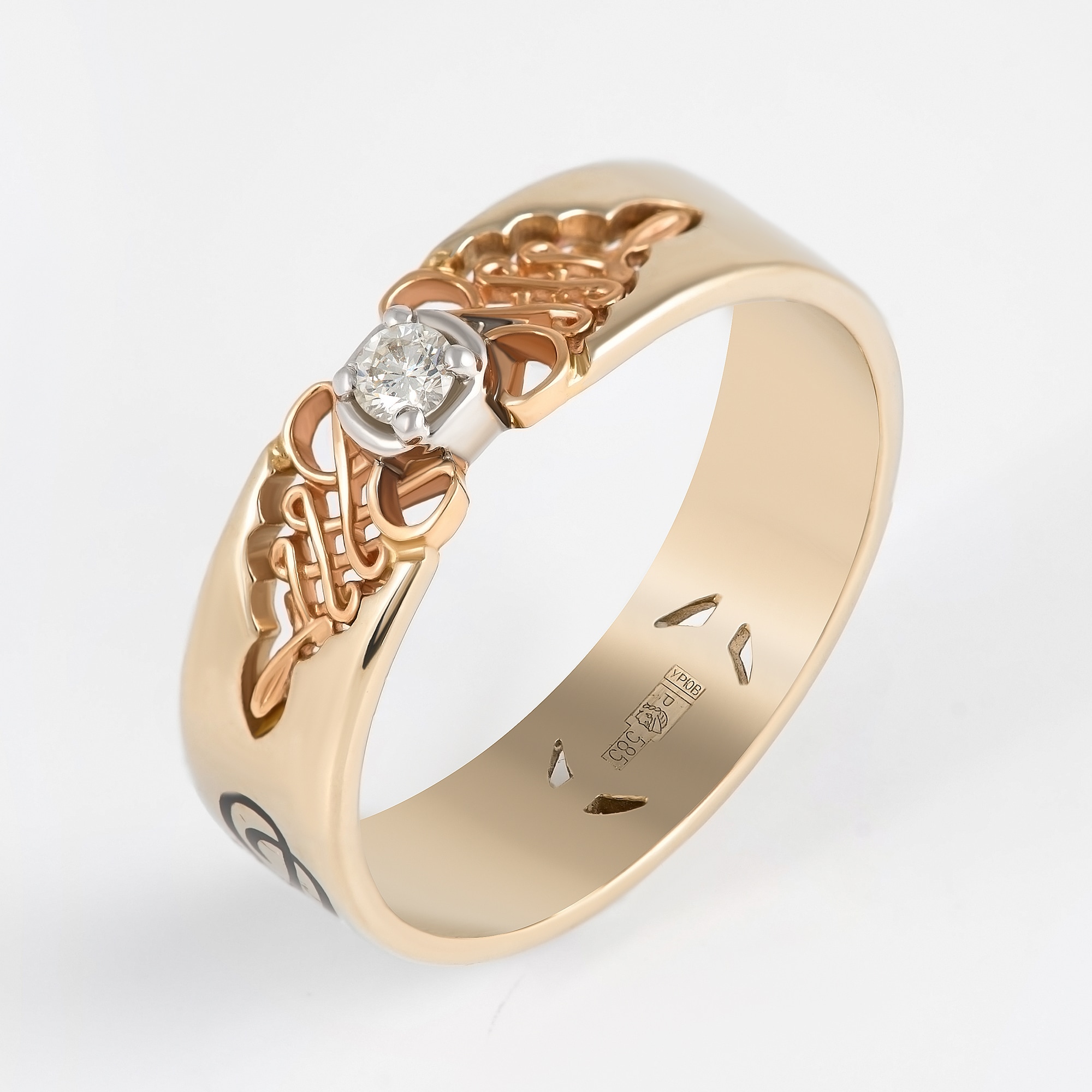 Золотое кольцо обручальное Сананжел из красного золота 585 пробы со вставками из драгоценных камней (бриллиант) С4АЖ2Ч, размеры от 17.5 до 19.5