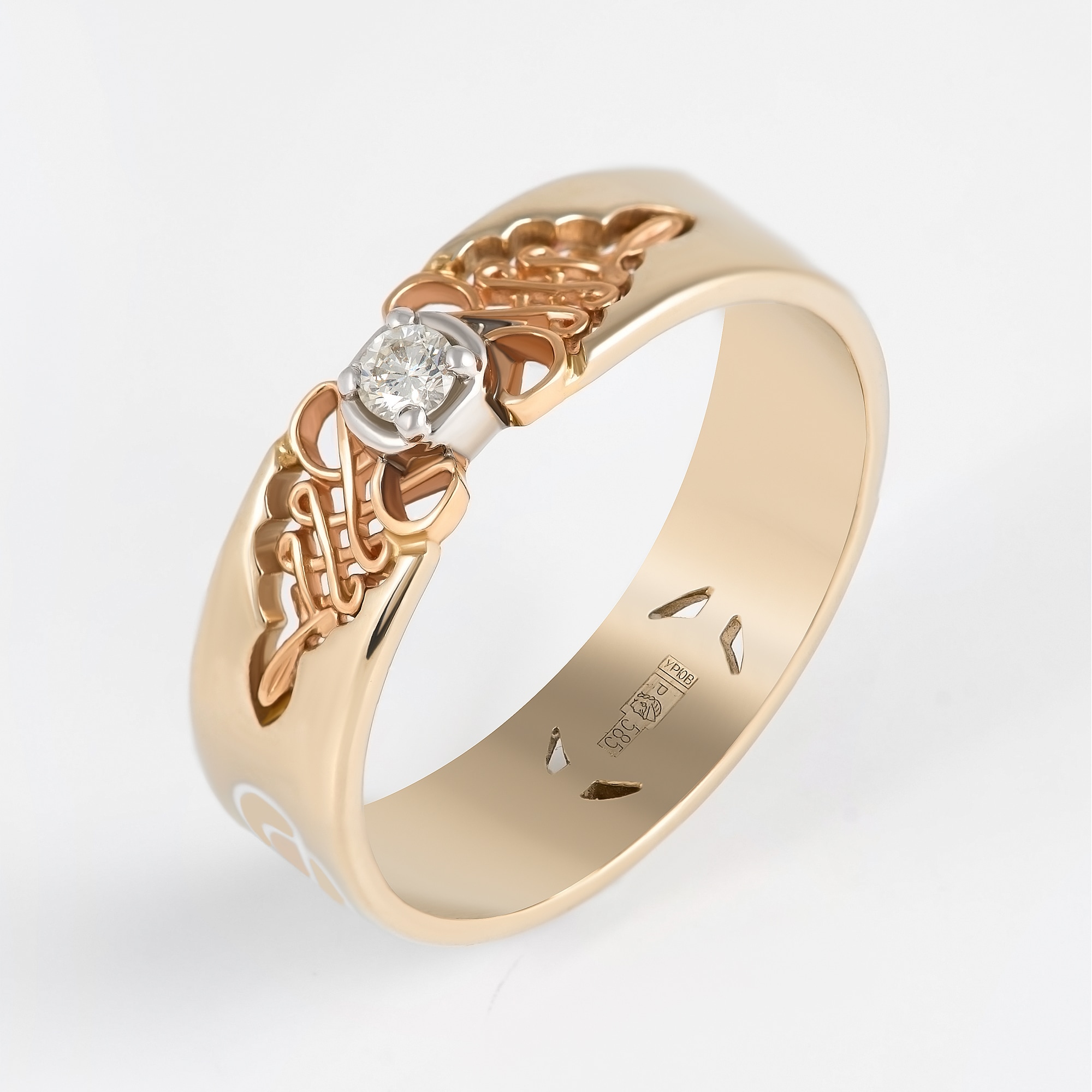 Золотое кольцо обручальное Сананжел из красного золота 585 пробы со вставками из драгоценных камней (бриллиант) С4АЖ2Б, размеры от 16.5 до 17.5
