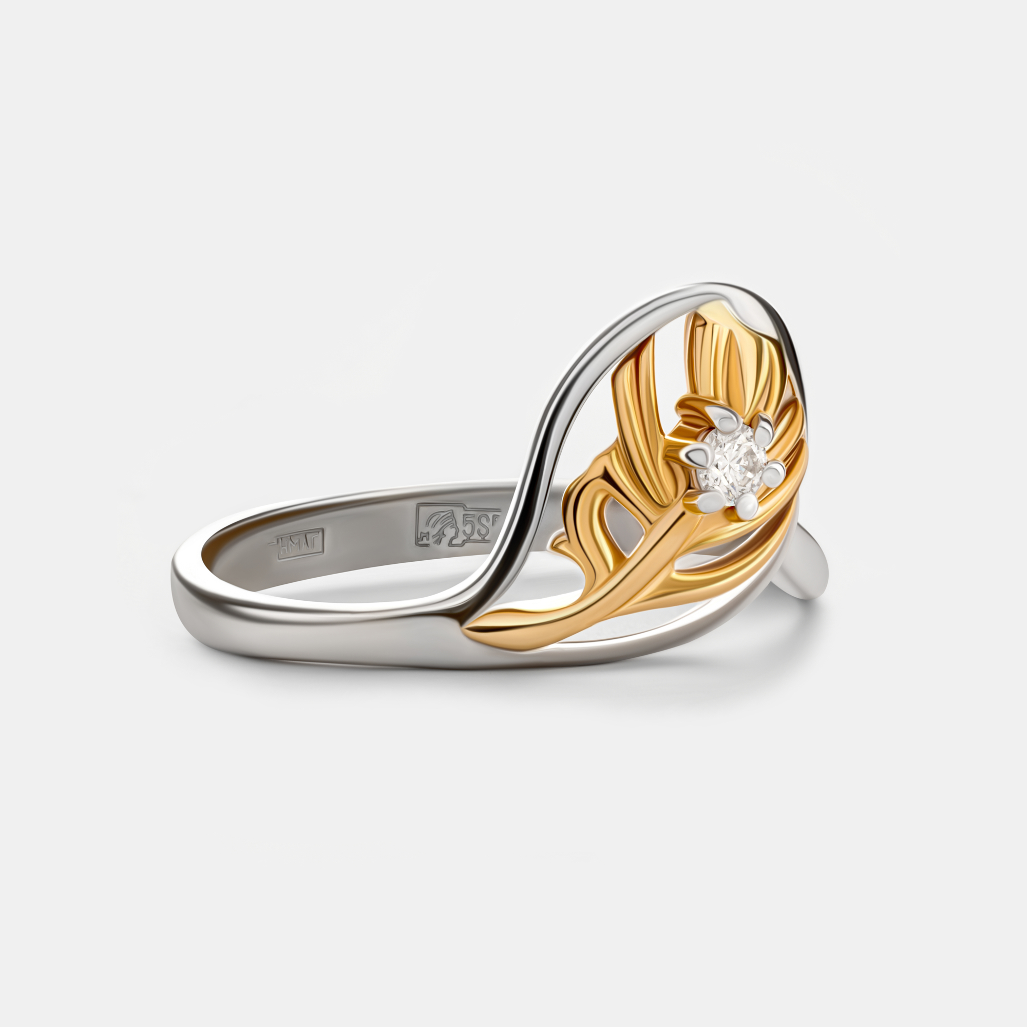 Золотое кольцо Шар из белого золота 585 пробы и из белого и желтого золота 585 пробы со вставками из драгоценных камней (бриллиант) ШР51523, размеры от 18 до 18