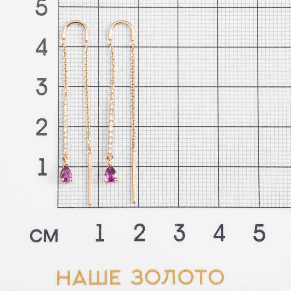 Золотые серьги протяжки New gold из красного золота 585 пробы со вставками из полудрагоценных камней (родолит и фианит) НЮ09373112010050482рд