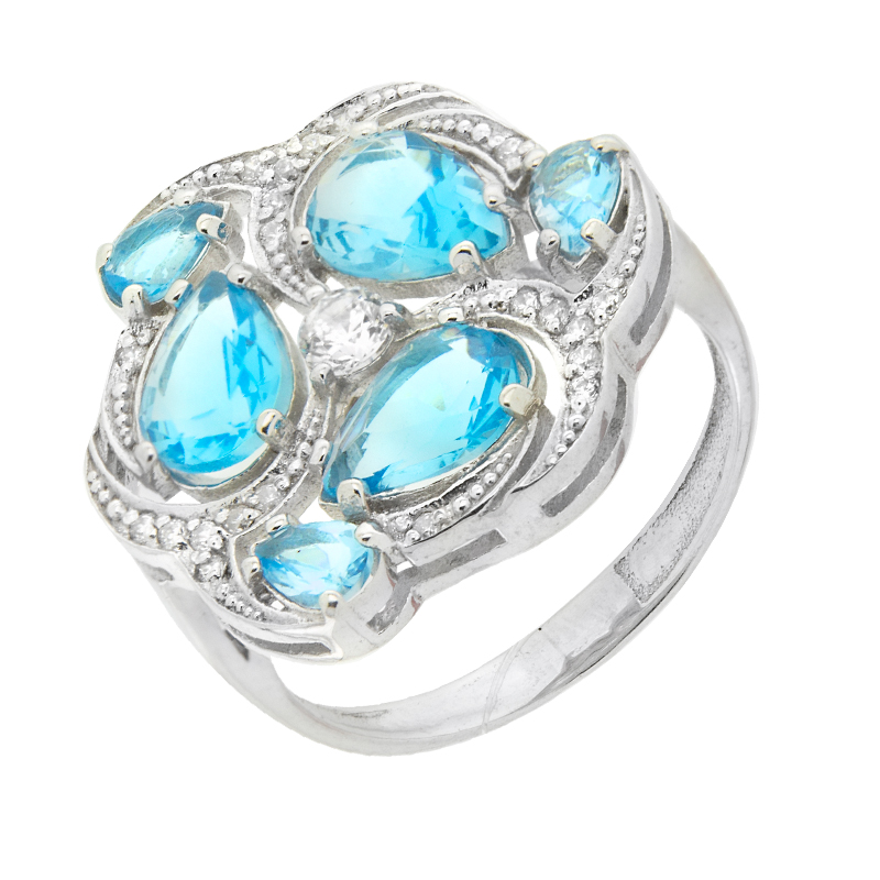 Серебряное кольцо  со вставками из полудрагоценных камней (кварц, фианит и шпинель) ОЗКС-5234-1Ршг, размеры от 16.5 до 18