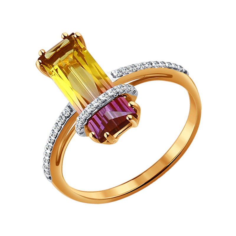 Золотое кольцо Sokolov из красного золота 585 пробы со вставками из полудрагоценных камней (аметрин, фианит и ситалл) ДИ713932, размеры от 16.5 до 18.5
